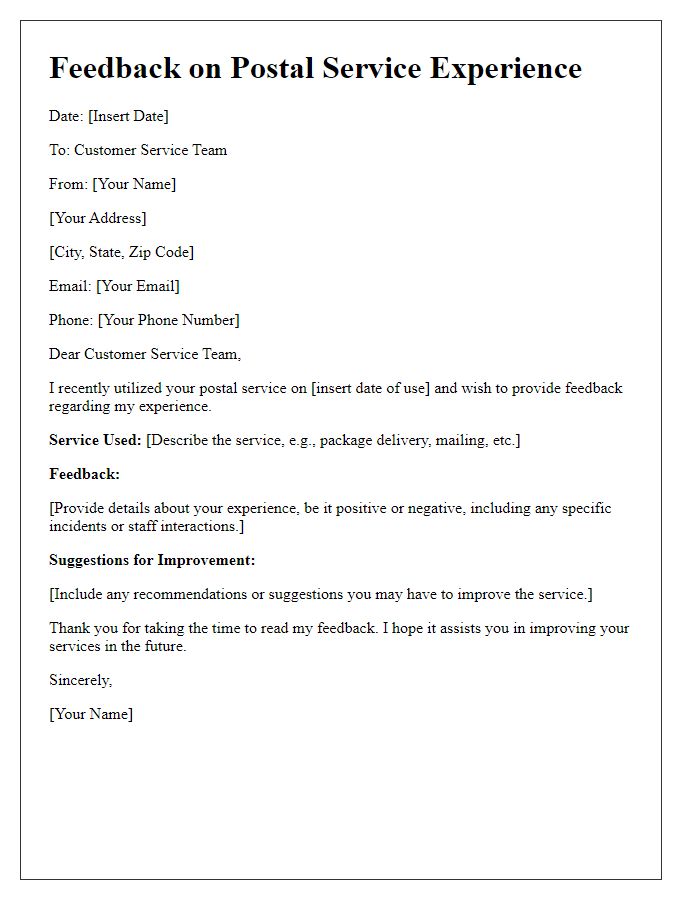 Letter template of postal service customer service feedback