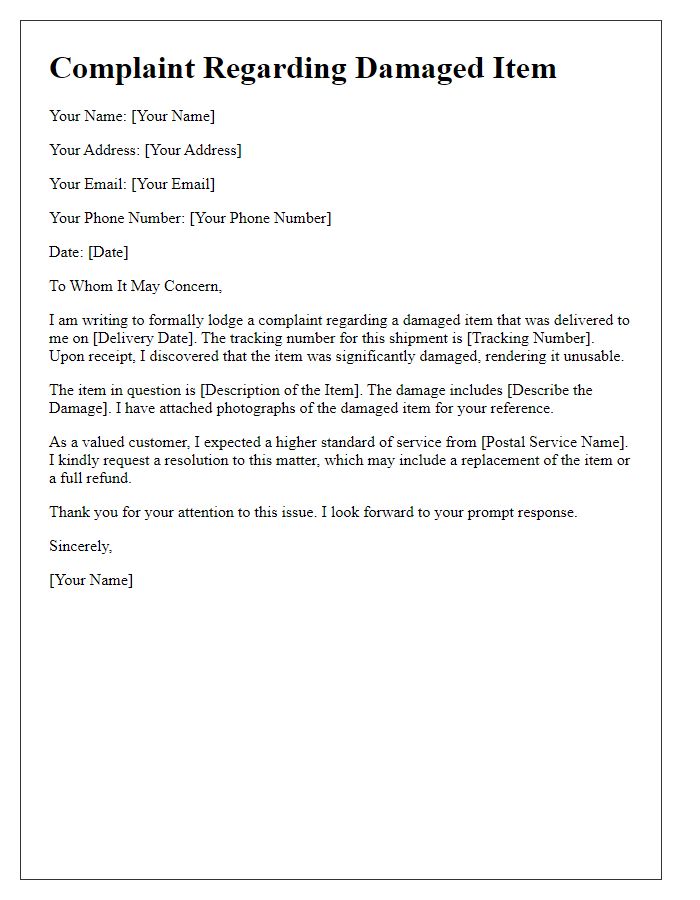 Letter template of postal service damaged item complaint