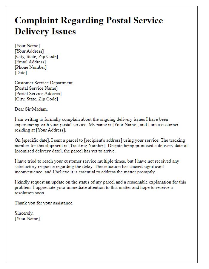 Letter template of postal service delivery issues complaint