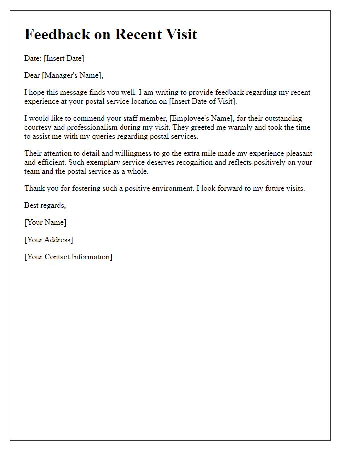 Letter template of postal service employee courtesy feedback