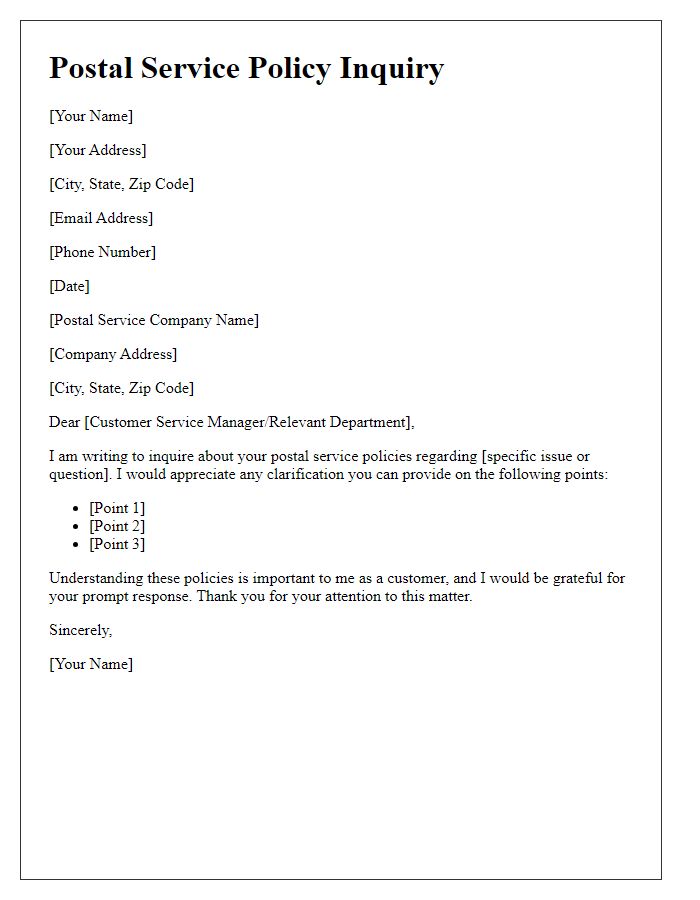 Letter template of postal service policy inquiry