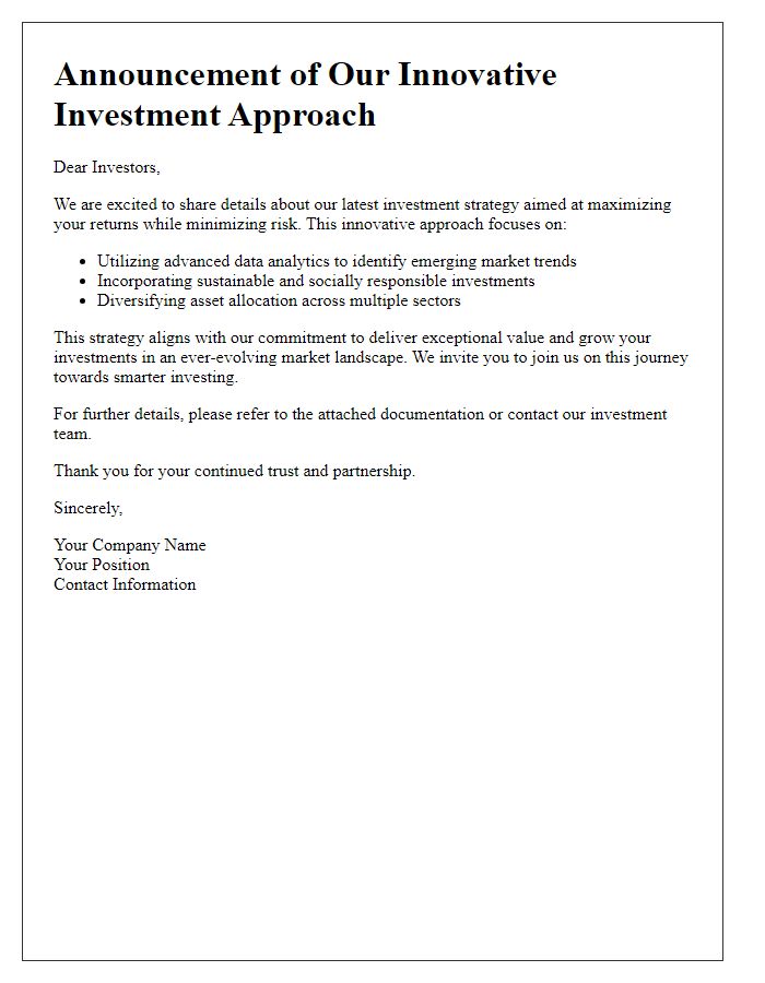 Letter template of innovative investment approach announcement.