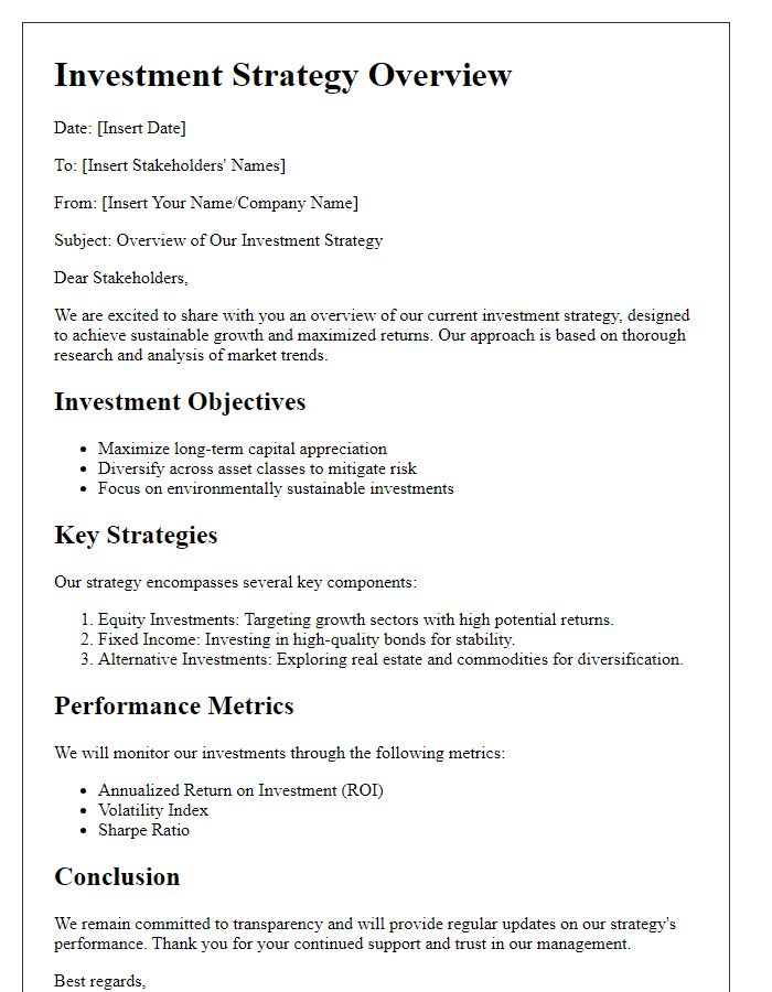 Letter template of investment strategy overview for stakeholders.