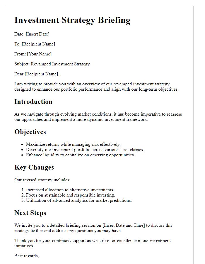 Letter template of revamped investment strategy briefing.