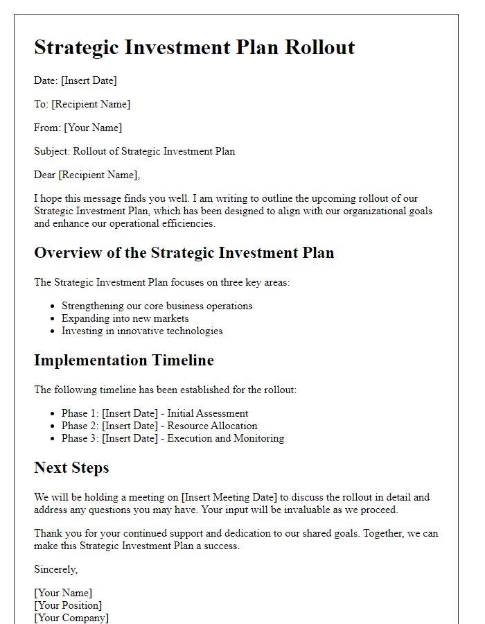 Letter template of strategic investment plan rollout.