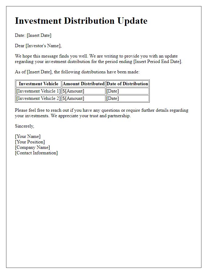 Letter template of investment distribution update