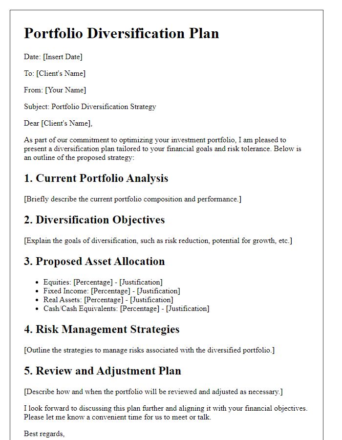 Letter template of portfolio diversification plan