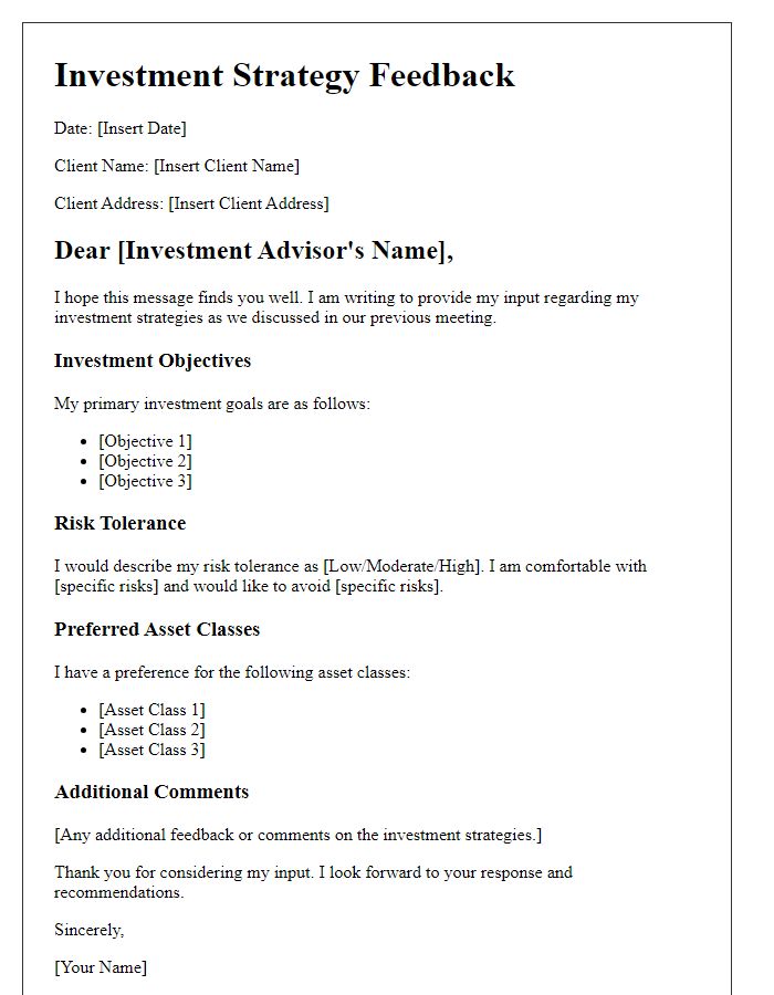 Letter template of Client Input on Investment Strategies