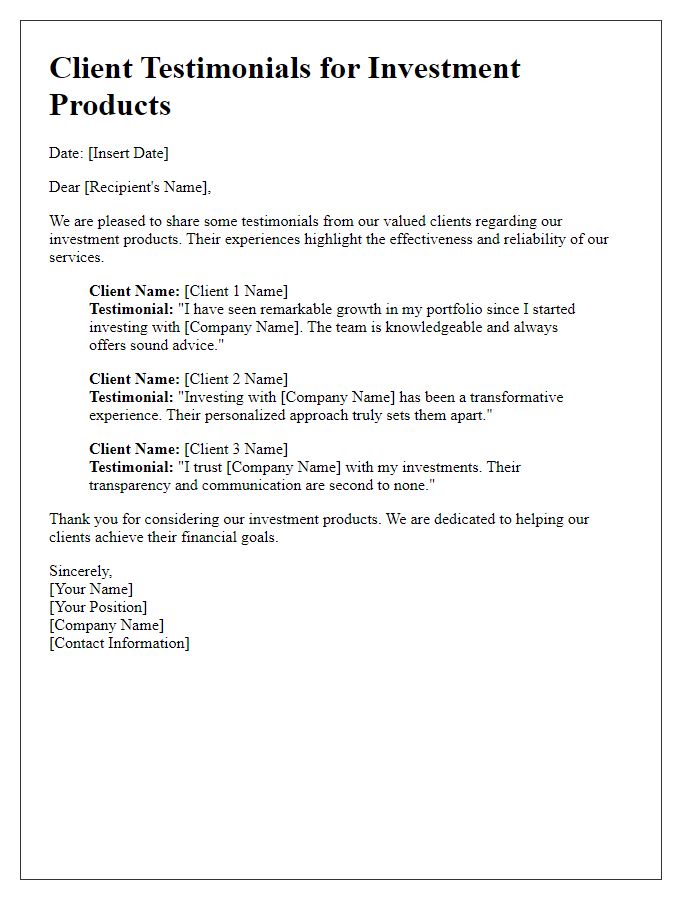 Letter template of Client Testimonials for Investment Products