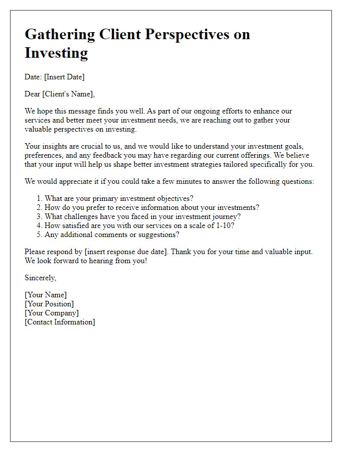 Letter template of Gathering Client Perspectives on Investing