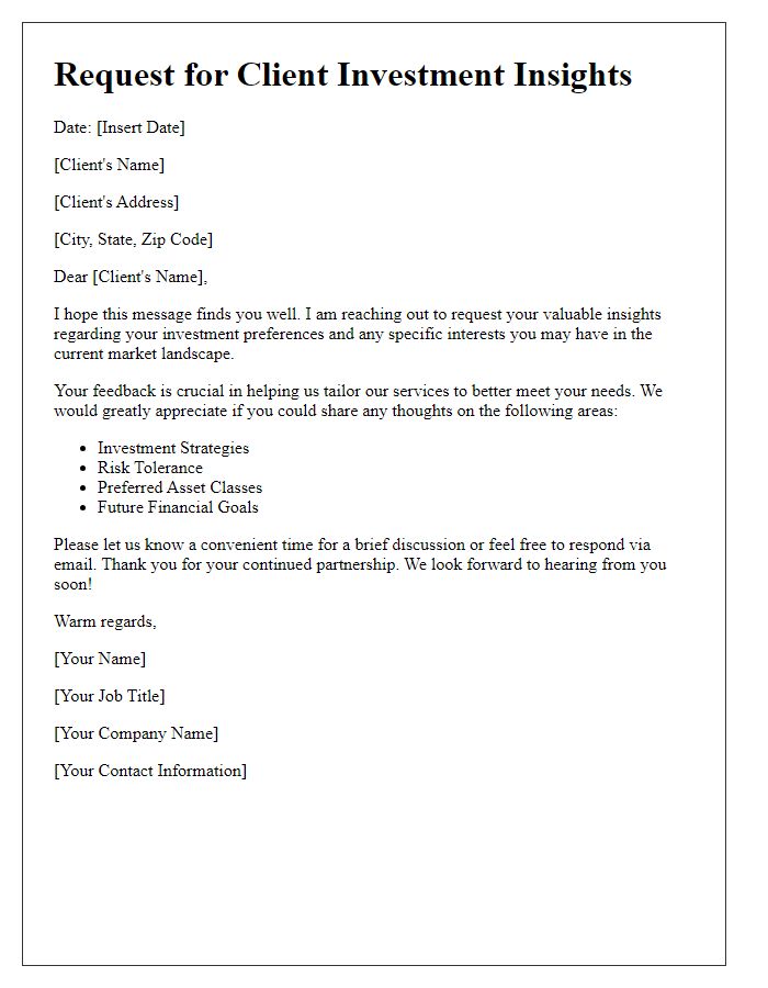 Letter template of Request for Client Investment Insights