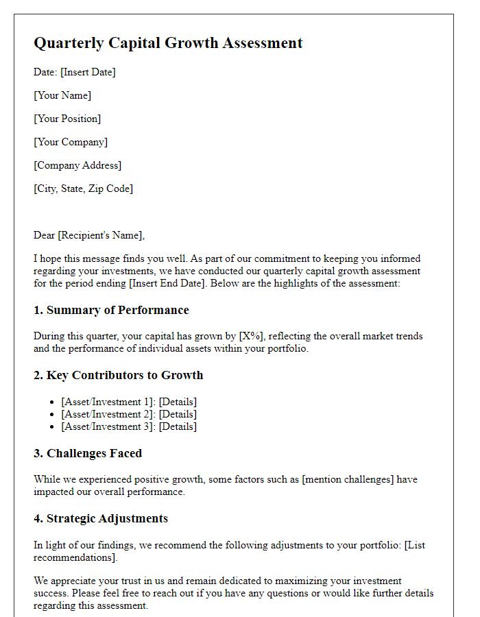 Letter template of quarterly capital growth assessment