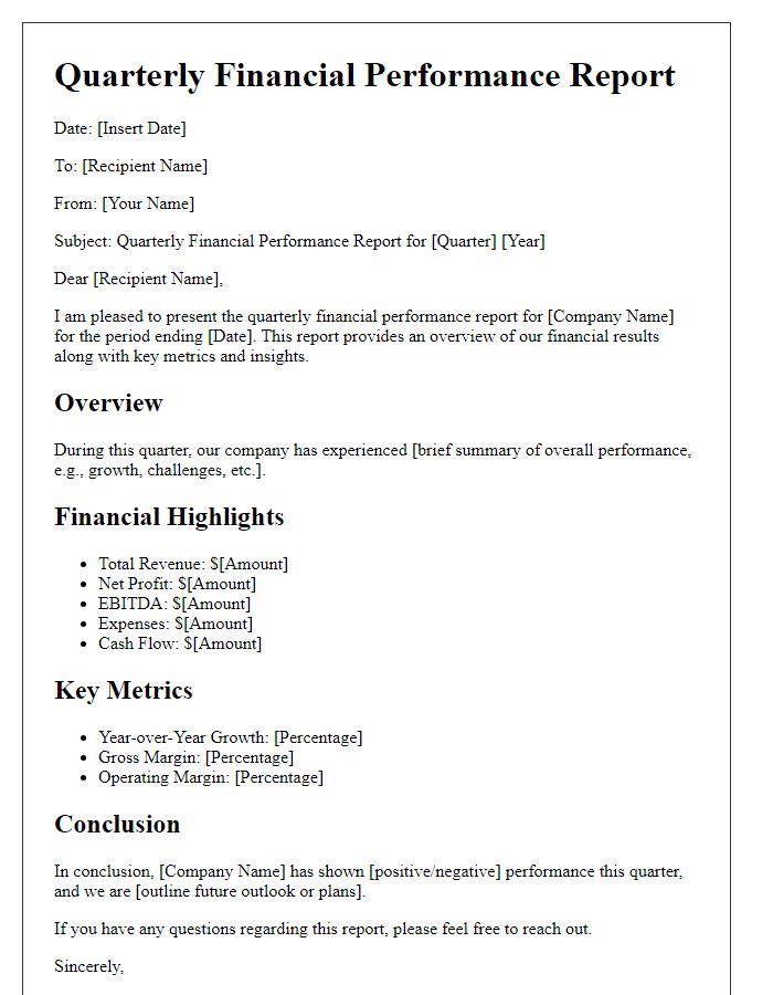 Letter template of quarterly financial performance report