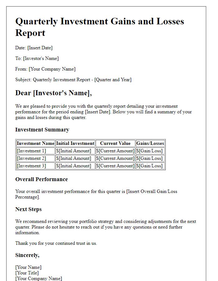 Letter template of quarterly investment gains and losses report