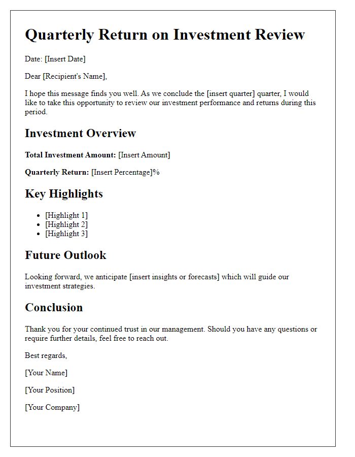 Letter template of quarterly return on investment review