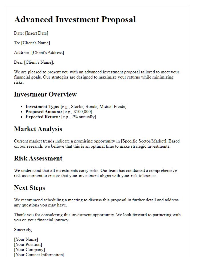 Letter template of advanced investment proposal for clients