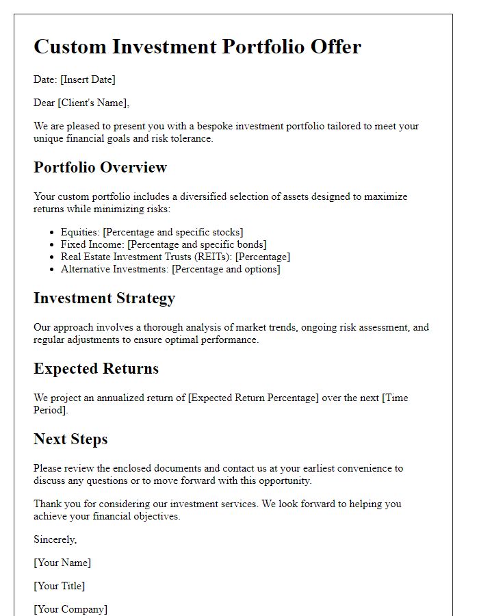 Letter template of bespoke investment portfolio offer