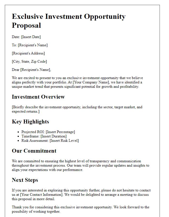 Letter template of exclusive investment opportunity proposal