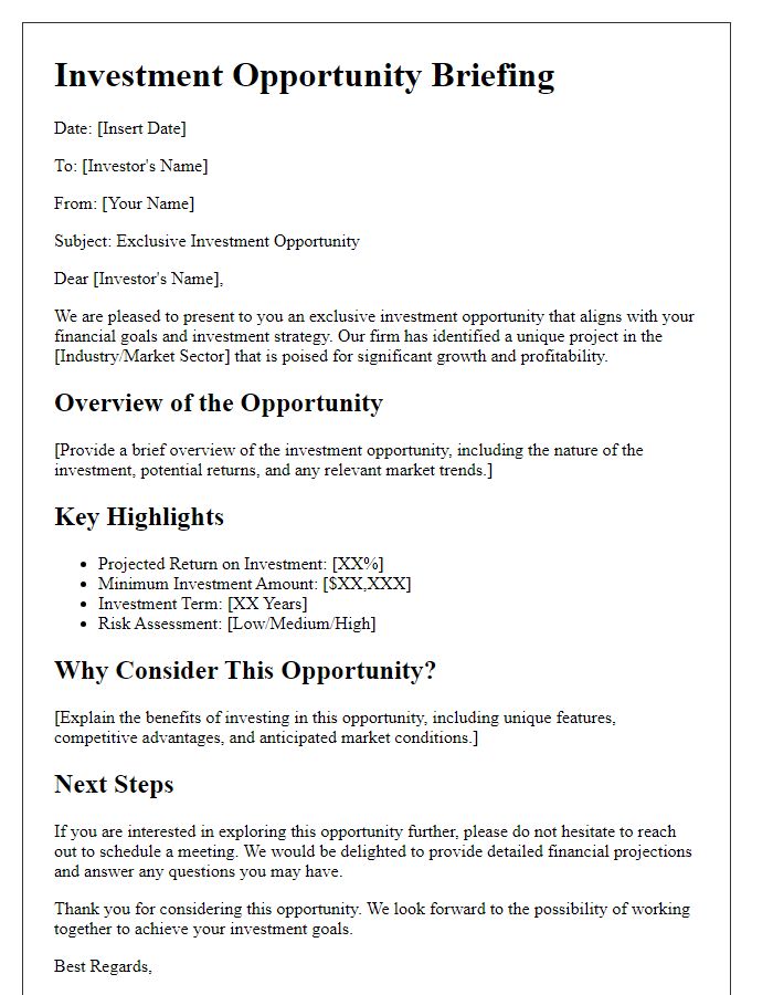 Letter template of high-net-worth investment opportunity briefing