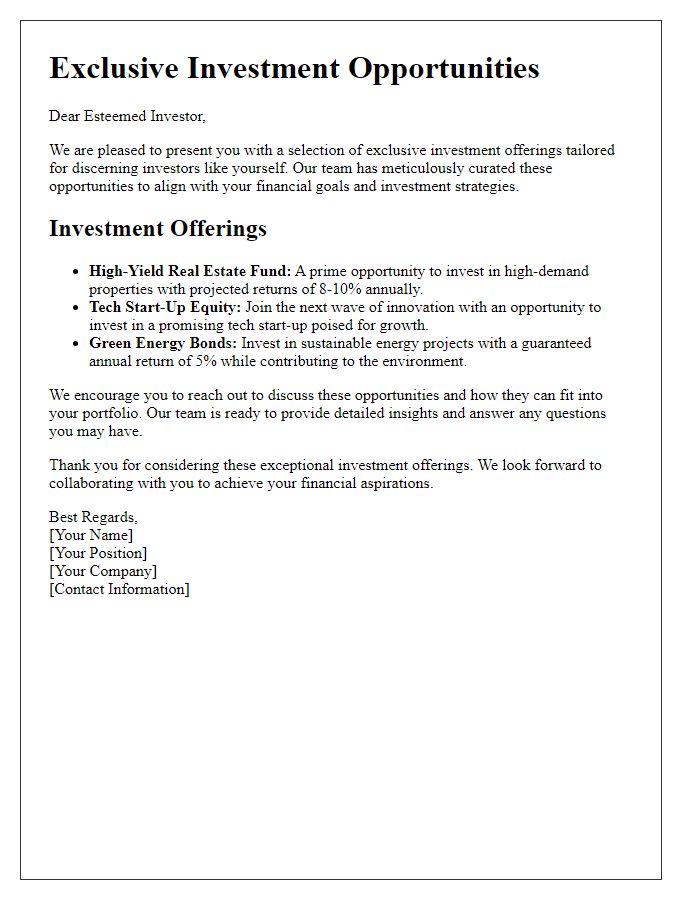 Letter template of select investment offerings for discerning investors