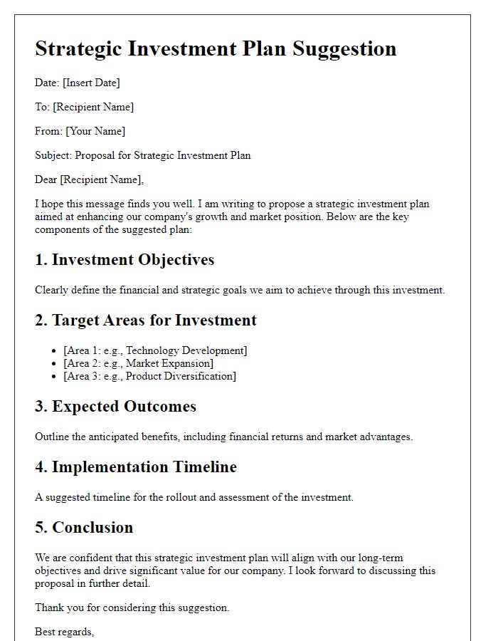 Letter template of strategic investment plan suggestion