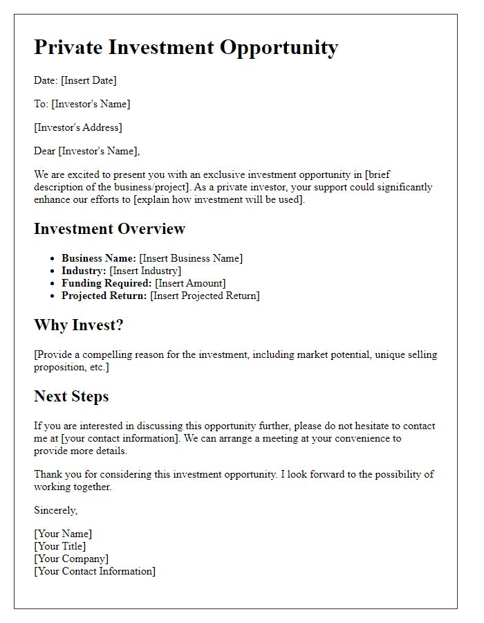 Letter template of private investor opportunity outline