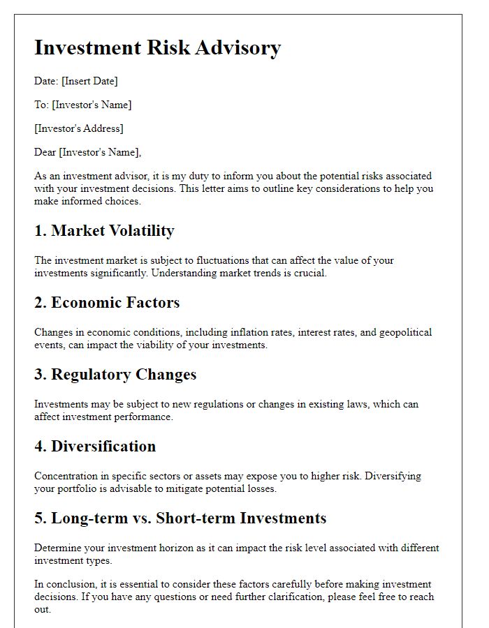 Letter template of investment risk advisories for potential investors