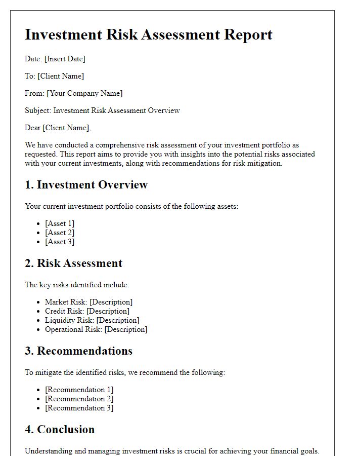 Letter template of investment risk assessment report for clients