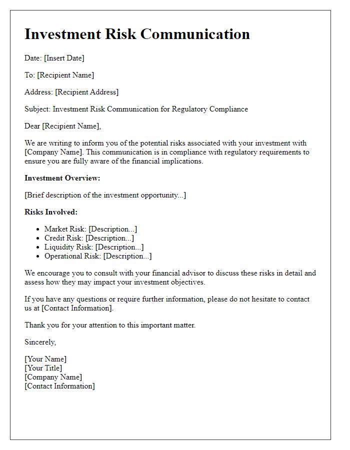 Letter template of investment risk communication for regulatory compliance