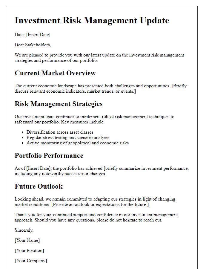 Letter template of investment risk management update for stakeholders