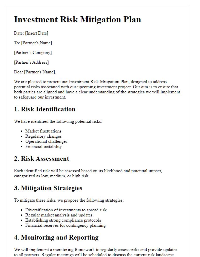 Letter template of investment risk mitigation plan for partners