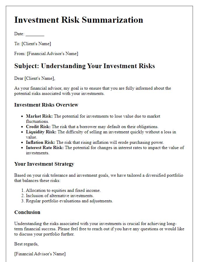 Letter template of investment risk summarization for financial advisors