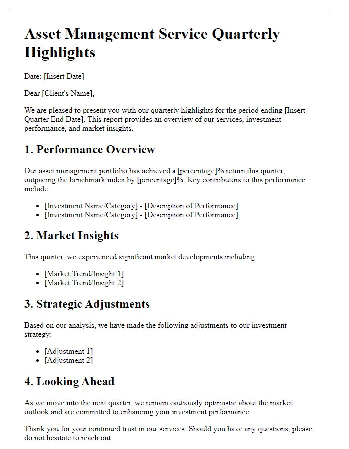 Letter template of asset management service quarterly highlights