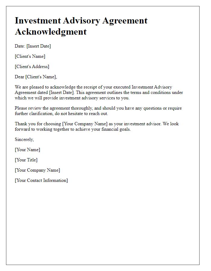 Letter template of investment advisory agreement acknowledgment