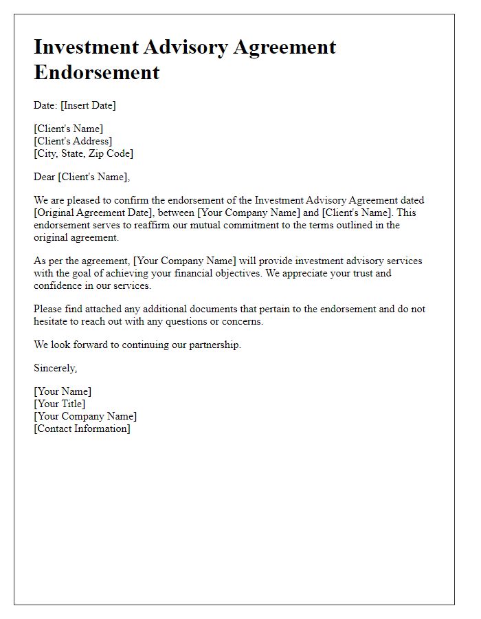 Letter template of investment advisory agreement endorsement