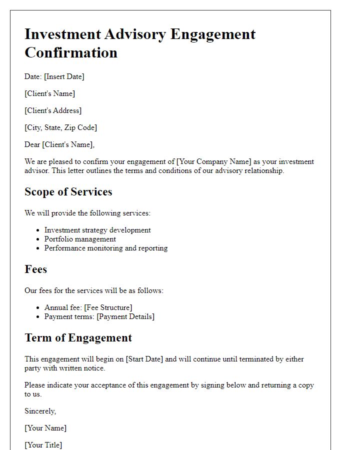 Letter template of investment advisory engagement confirmation