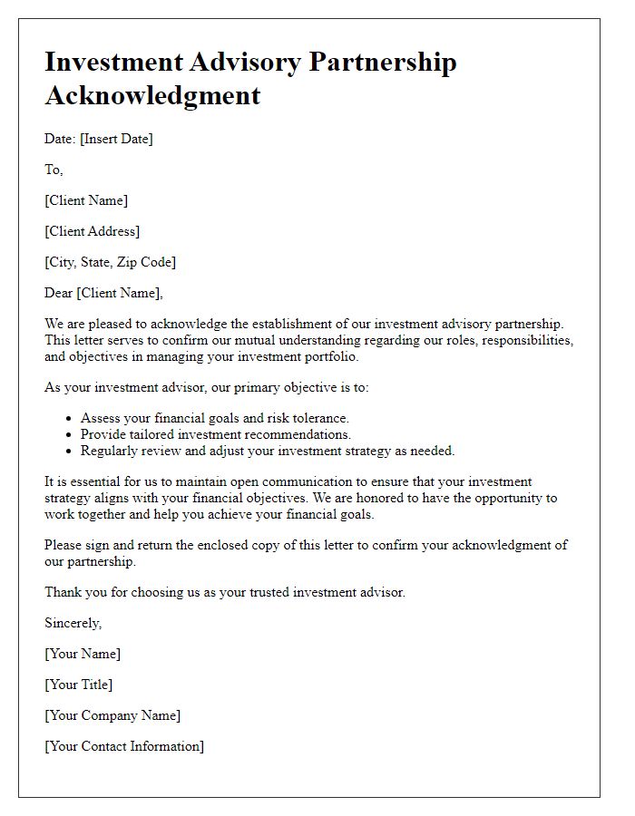 Letter template of investment advisory partnership acknowledgment