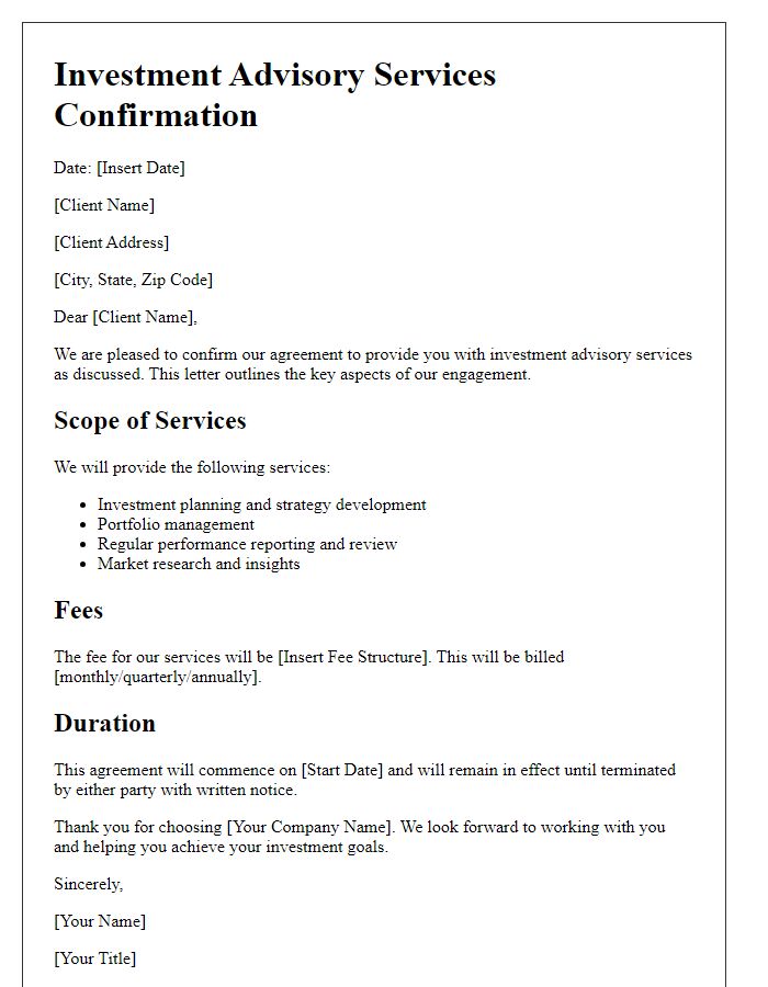 Letter template of investment advisory services confirmation