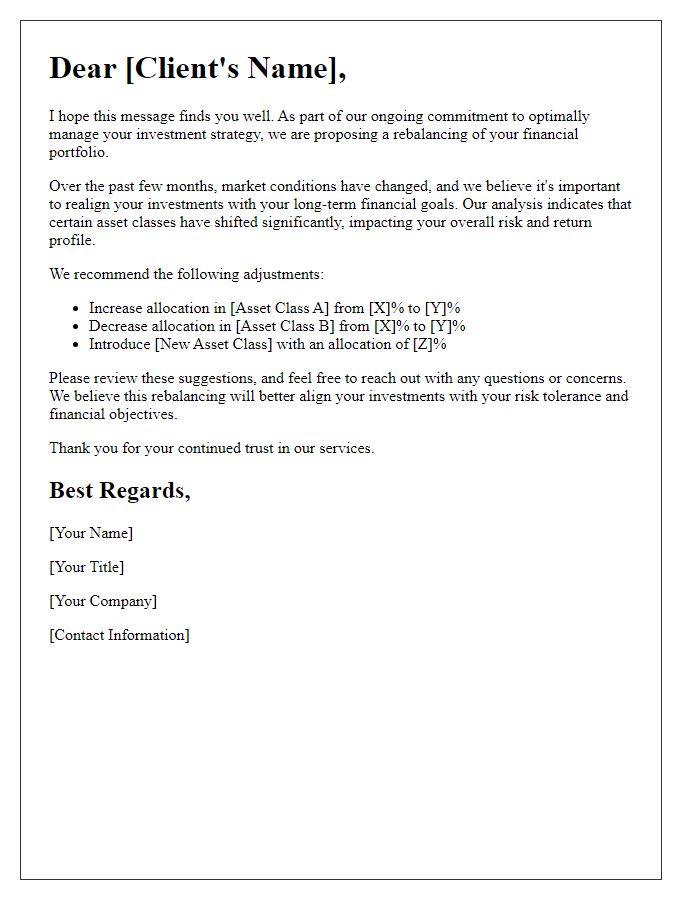 Letter template of financial strategy rebalancing message