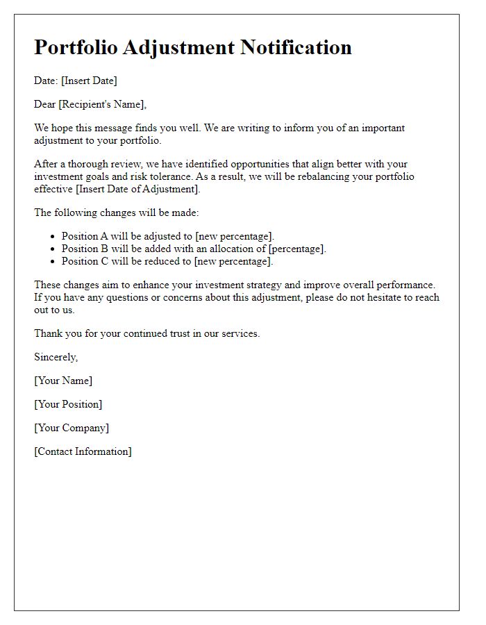 Letter template of notification for portfolio adjustment