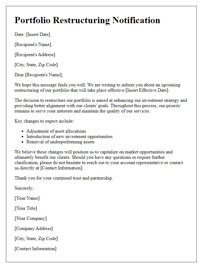 Letter template of portfolio restructuring notification