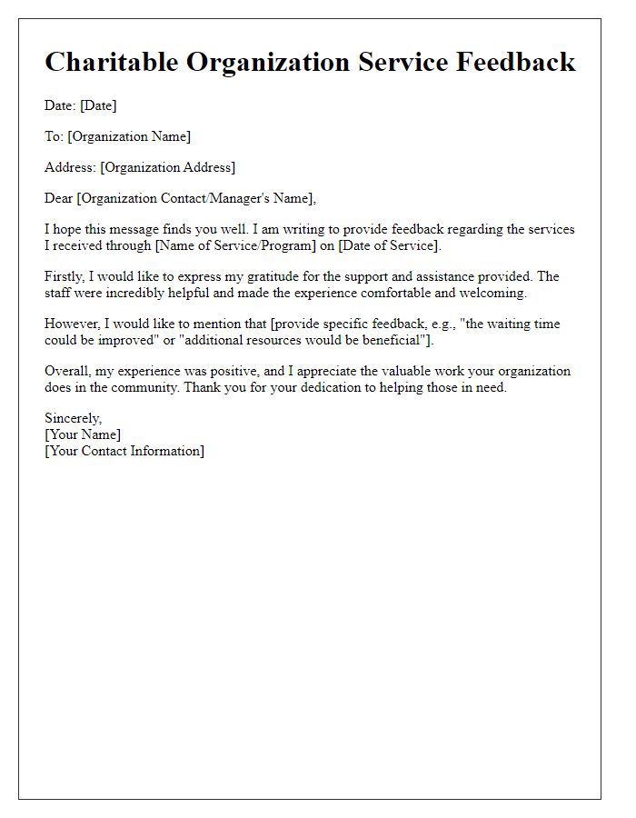 Letter template of charitable organization service feedback