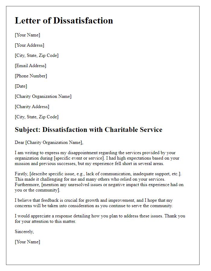 Letter template of charitable service dissatisfaction