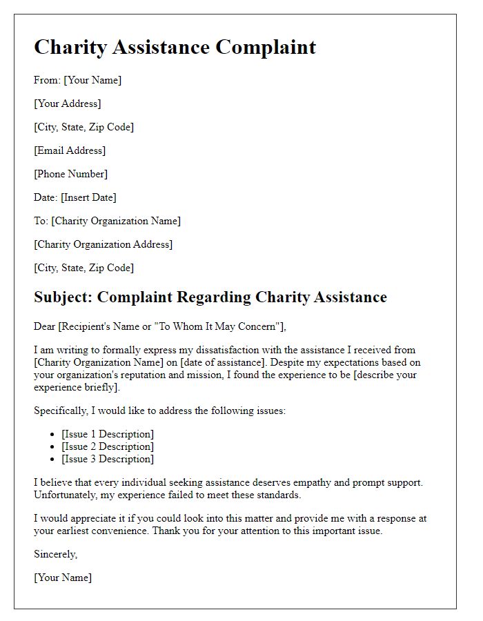 Letter template of charity assistance complaint