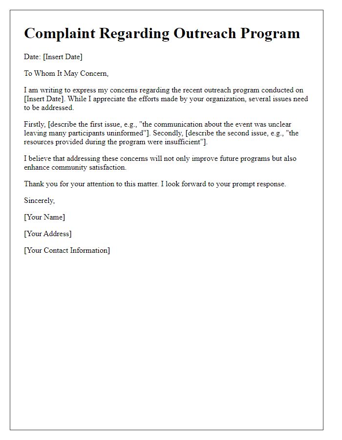 Letter template of outreach program complaint