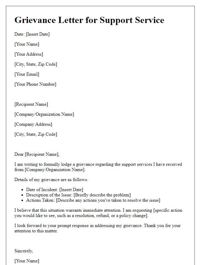 Letter template of support service grievance
