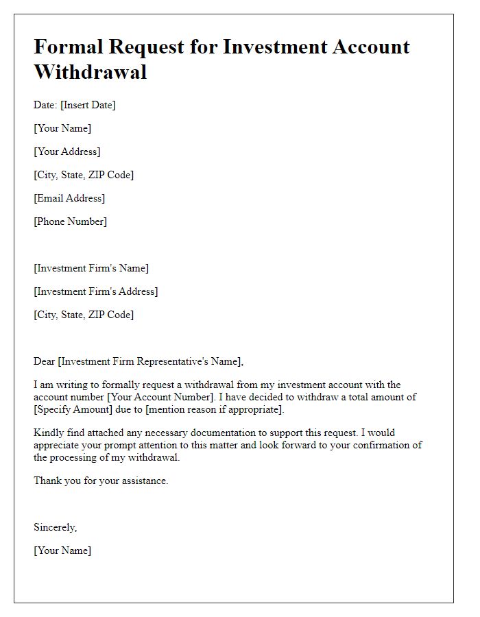 Letter template of Formal Request for Investment Account Withdrawal