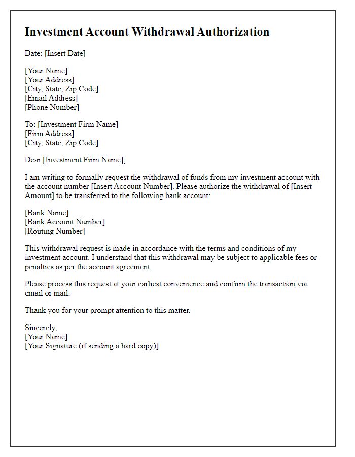 Letter template of Investment Account Withdrawal Authorization