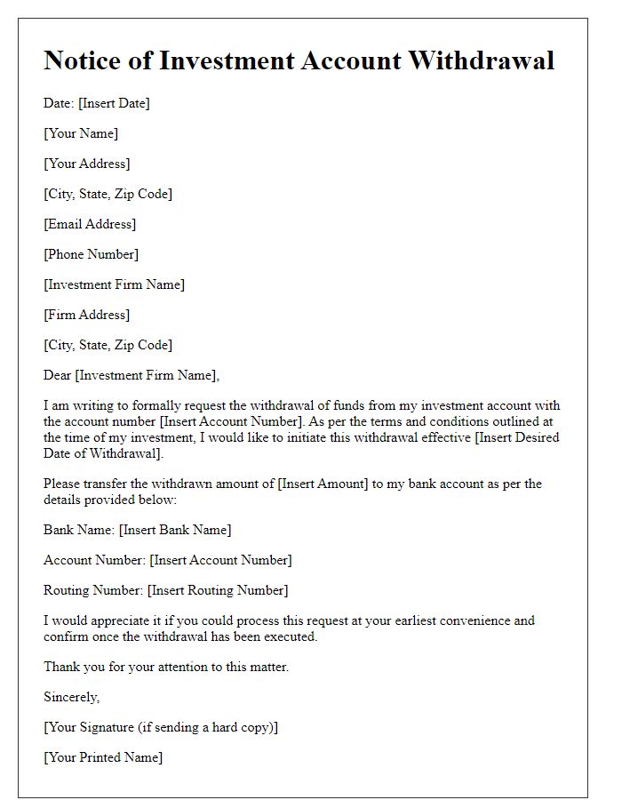 Letter template of Notice for Investment Account Withdrawal