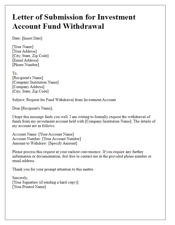 Letter template of Submission for Investment Account Fund Withdrawal